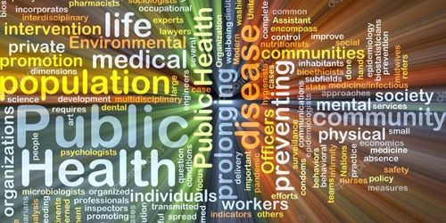 Many words related to public health on a colourful background.