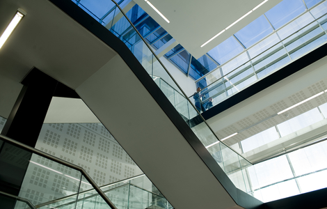 Interior photo of atrium in Edinburgh Napier University Sighthill campus building.