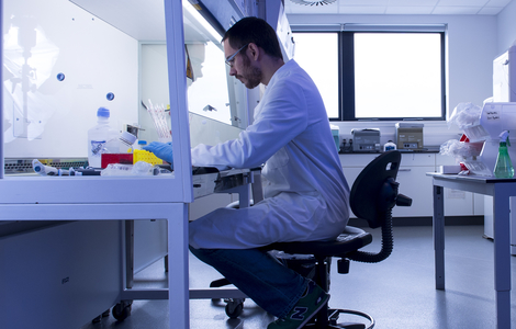 Student working with his hands inside a fume cupboard in a science lab 