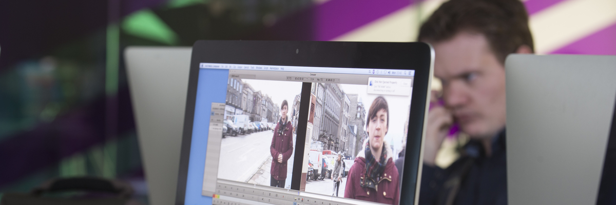 Students working on computers in the Broadcast Newsroom at Merchiston