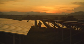 Solar panels with a sunset background
