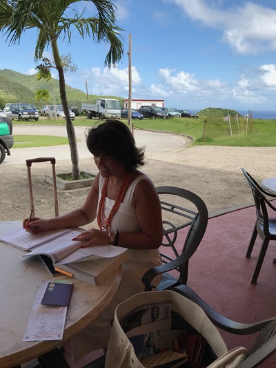 Roz Colthart studying at an airport