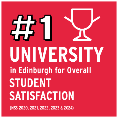 This image states that Edinburgh Napier is the Number One University in Edinburgh for Overall Student Satisfaction. Source: National Student Survey 2020-2024.