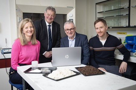 Fiona Mason, Alastair Kennedy, Mark Doris and Dominic O'Rourke sitting around a lab table 