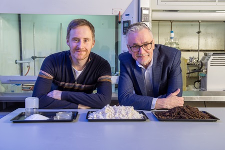 Mercel founders Dominic O'Rourke and Mark Doris pose with their seaweed-derived product