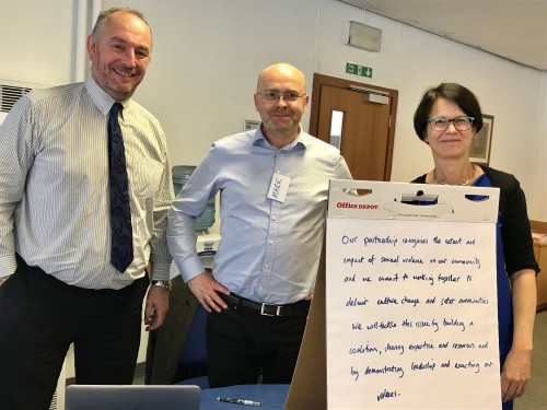 Three people posing next to a flip chart with writing on it 