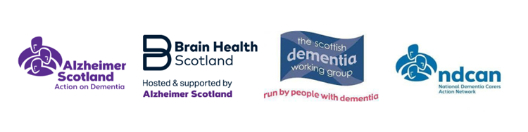 Corporate logos for Alzheimer Scotland, Brain Health Scotland, The Scottish Dementia Working Group and National Dementia Carers Action Network.