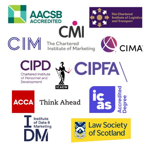 Logos of accredited organisations of the Edinburgh Napier Business School